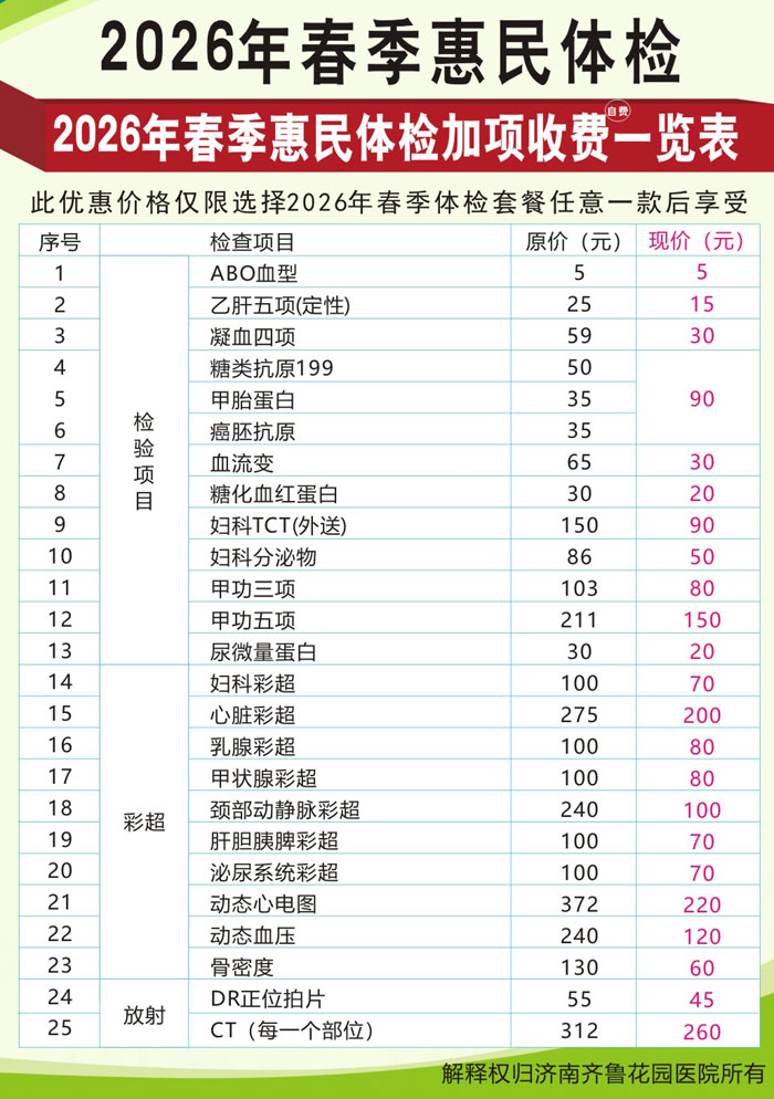 2026年春季惠民体检加项收费一览表