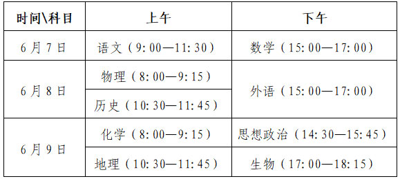 山东省夏季高考考试时间安排